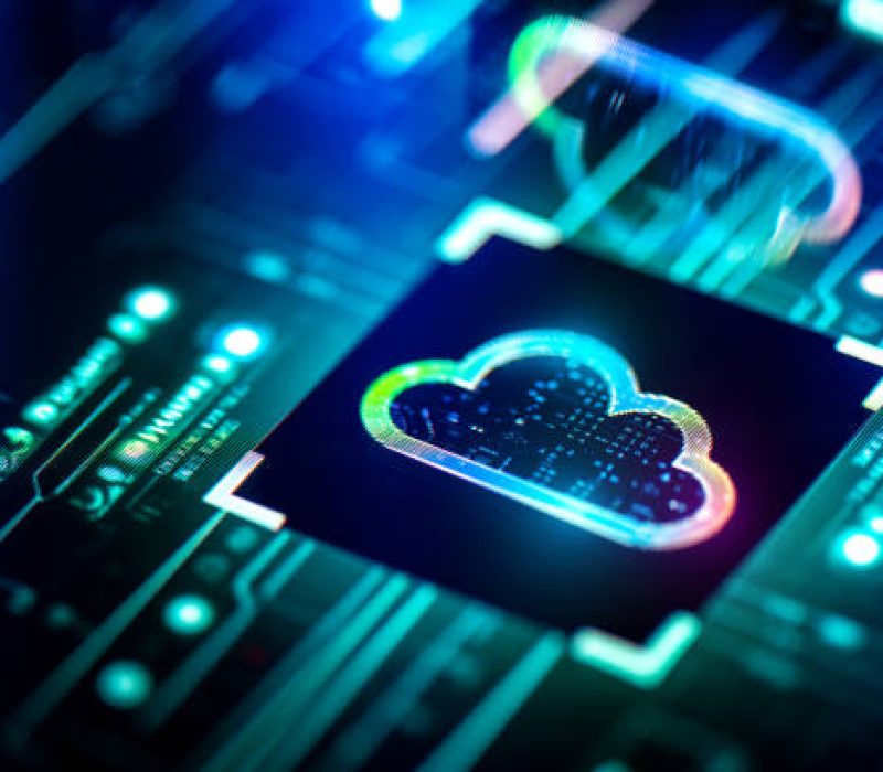 Cloud computing concept. Digital cloud solutions on PCB futuristic background